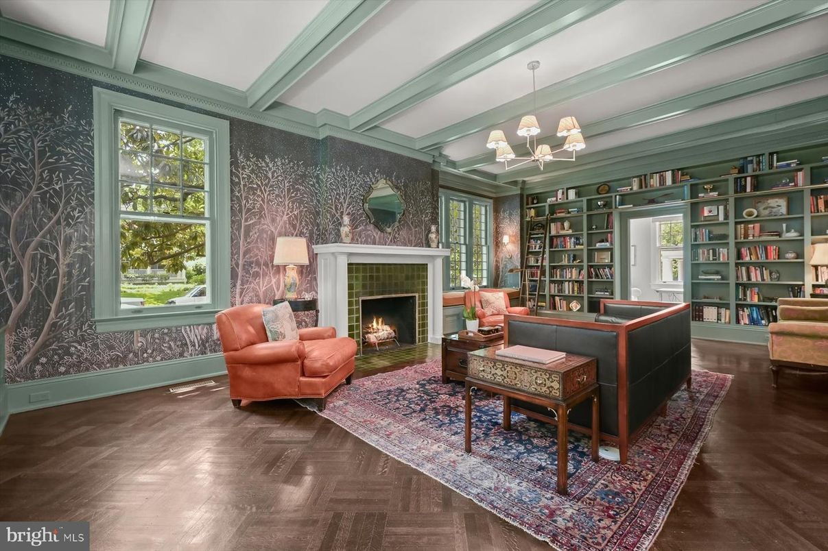Fireplace, Interior, Living room, Pendant Lights, Wood Texture Flooring