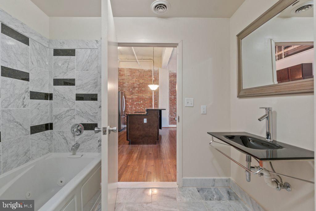 Bathroom, Interior, Marble Walls, Wood Texture Flooring