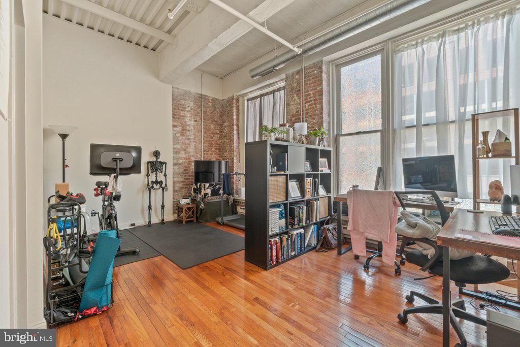 Fitness Equipment, Home Office, Interior, Stone Walls, Wood Texture Flooring