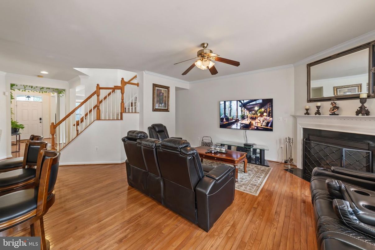 Home Theatre Room, Fireplace, Interior, Living room, Recessed Lighting, Wood Texture Flooring