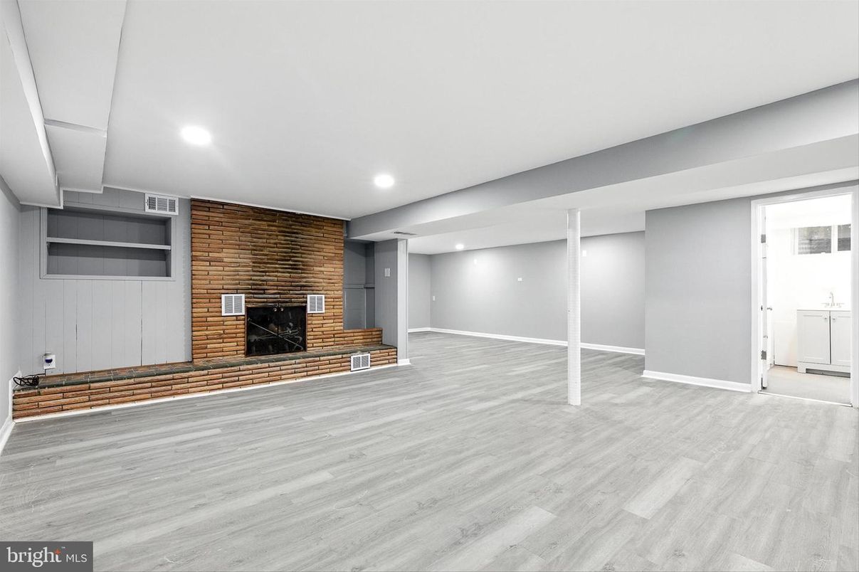 Empty room, Fireplace, Interior, Recessed Lighting, Stone Walls, Wood Texture Flooring, Wooden Walls