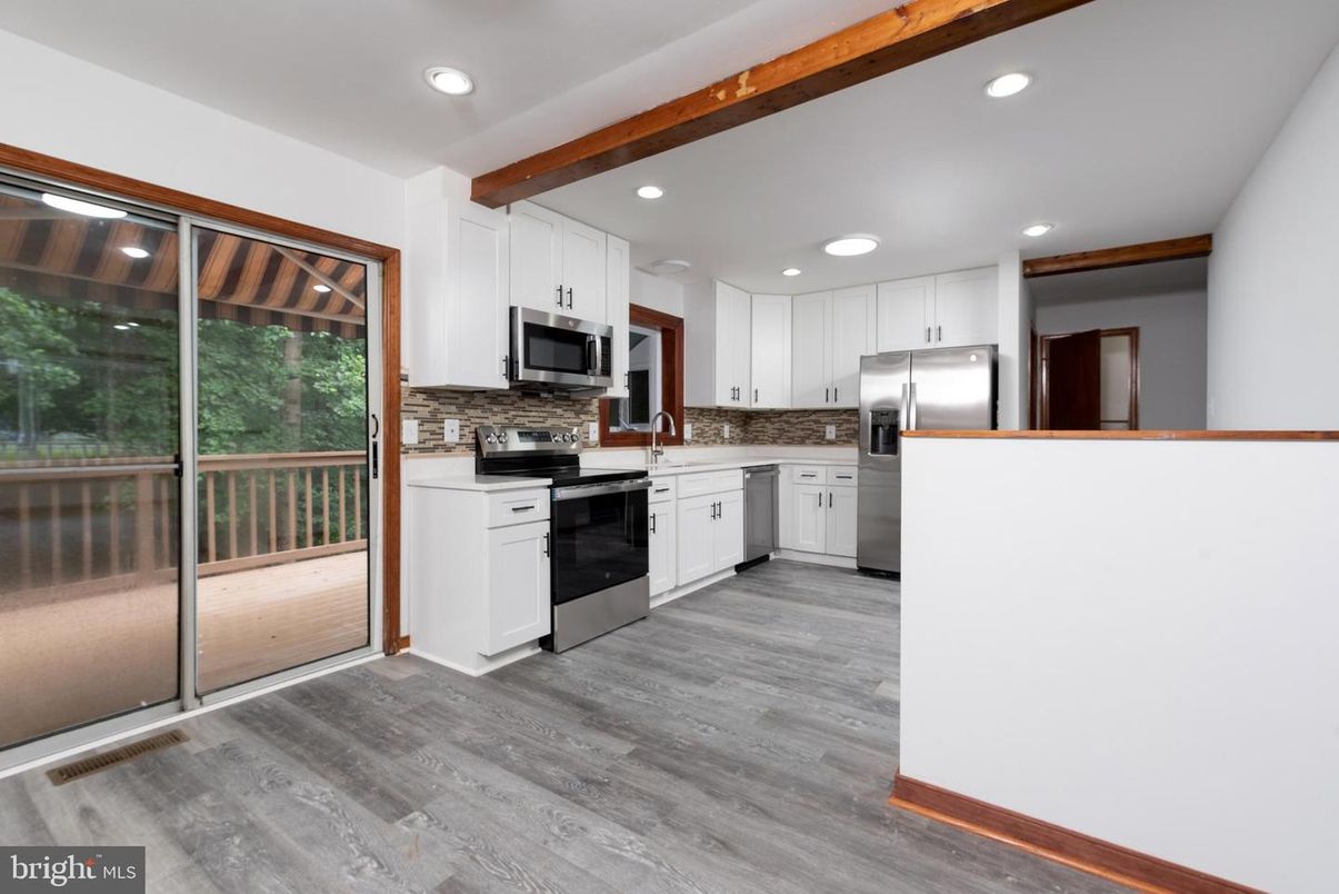 Interior, Kitchen, Recessed Lighting, Stainless Steel Appliances, Wooden Beams, Wood Texture Flooring