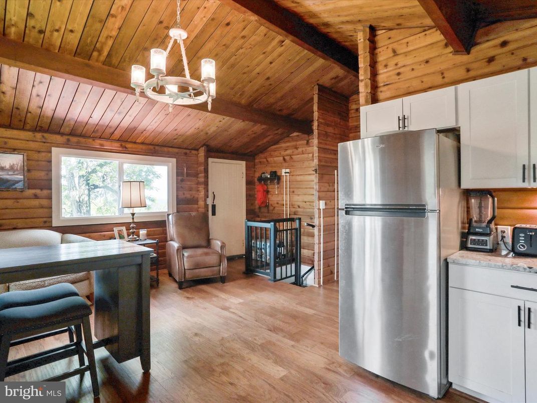 Chandelier, Interior, Kitchen, Stainless Steel Appliances, Wooden Beams, Wooden Ceilings, Wood Texture Flooring, Wooden Walls