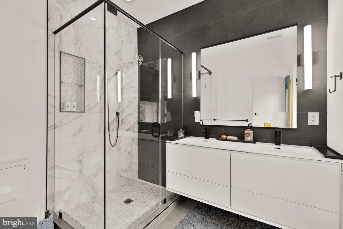 Bathroom, Glass Shower, Interior, Marble Walls, Recessed Lighting