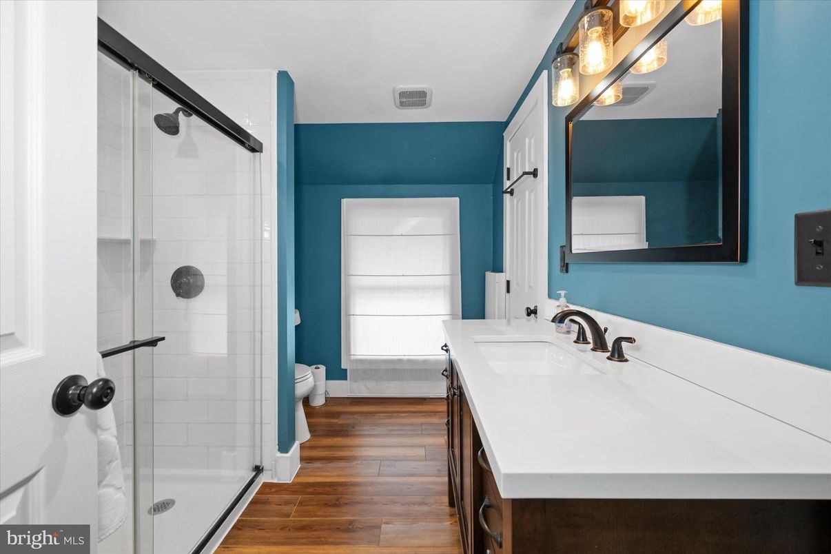 Bathroom, Glass Shower, Interior, Wood Texture Flooring