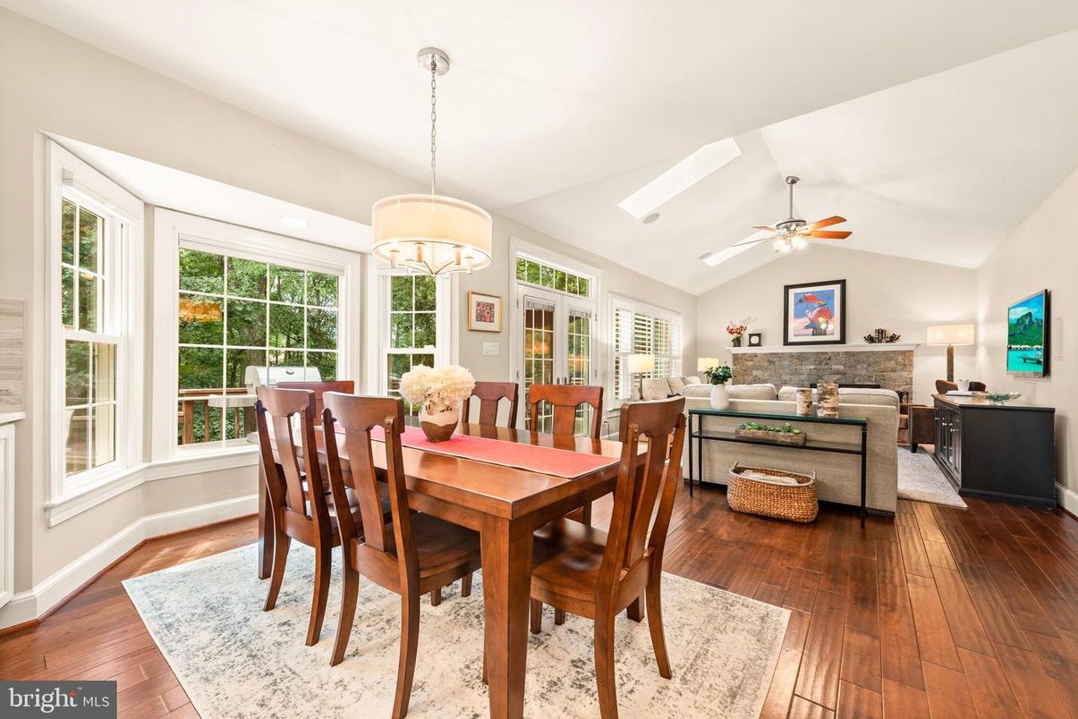 Dining room, Interior, Living room, Pendant Lights, Wood Texture Flooring