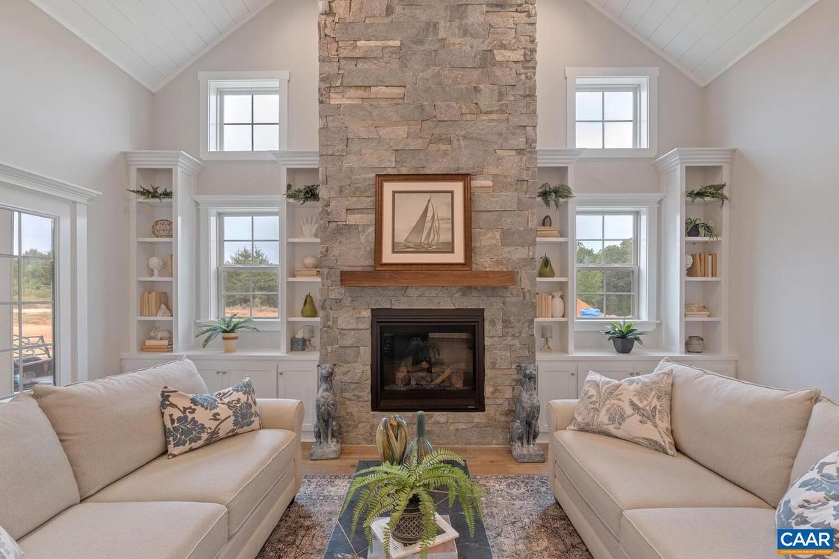 Fireplace, Interior, Living room, Stone Walls, Wood Texture Flooring