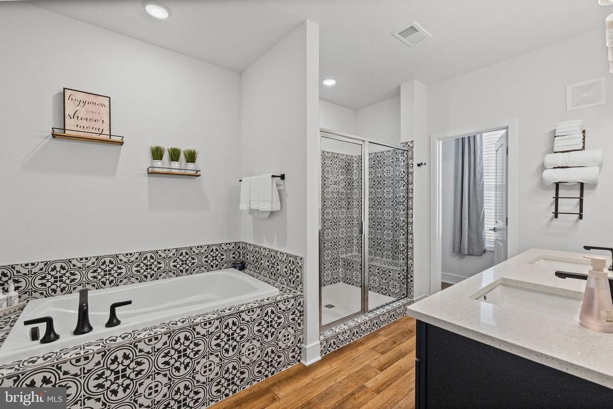 Bathroom, Glass Shower, Interior, Recessed Lighting, Wood Texture Flooring