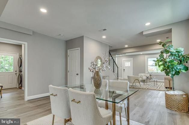 Dining room, Interior, Living room, Recessed Lighting, Wood Texture Flooring