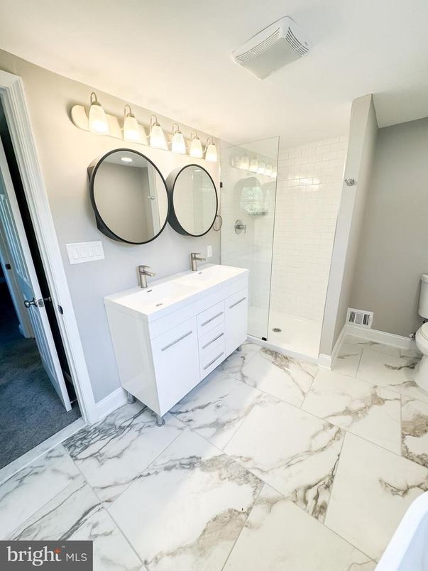 Bathroom, Dual Sink Vanities, Glass Shower, Interior, Marble