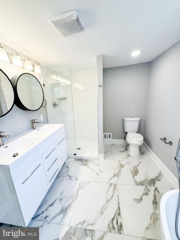 Bathroom, Dual Sink Vanities, Glass Shower, Interior, Marble, Recessed Lighting