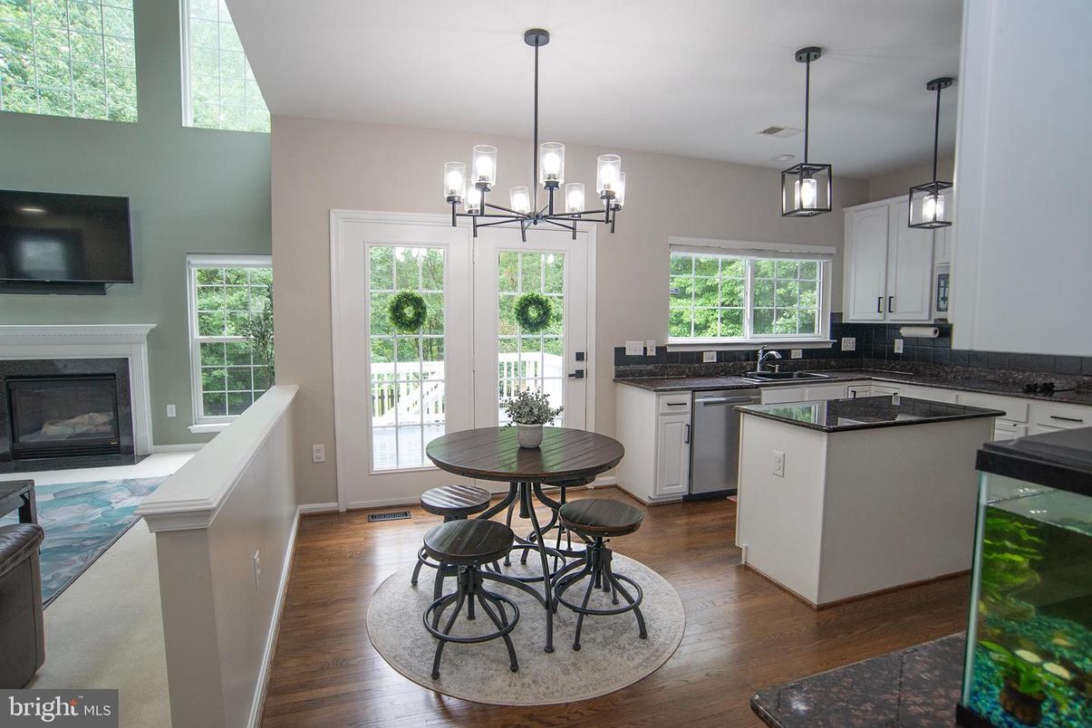 Chandelier, Fireplace, Interior, Kitchen, Pendant Lights, Wood Texture Flooring