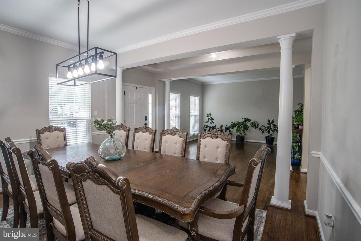 Dining room, Interior, Pendant Lights, Wood Texture Flooring