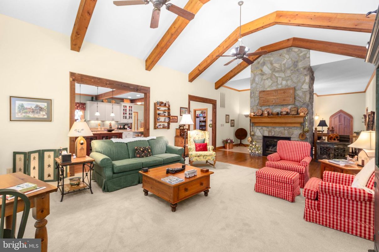 Fireplace, Interior, Kitchen, Living room, Pendant Lights, Recessed Lighting, Stone Walls, Wooden Beams