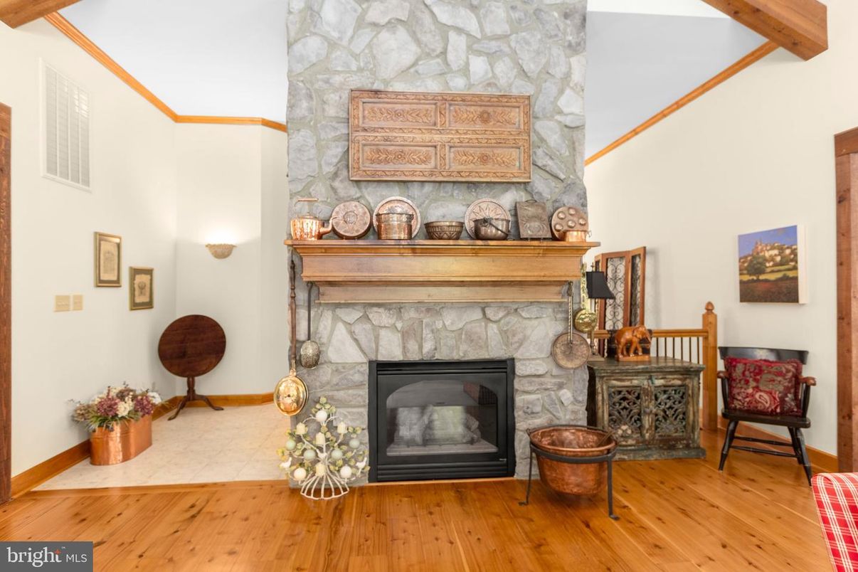Fireplace, Interior, Stone Walls, Wooden Beams, Wood Texture Flooring