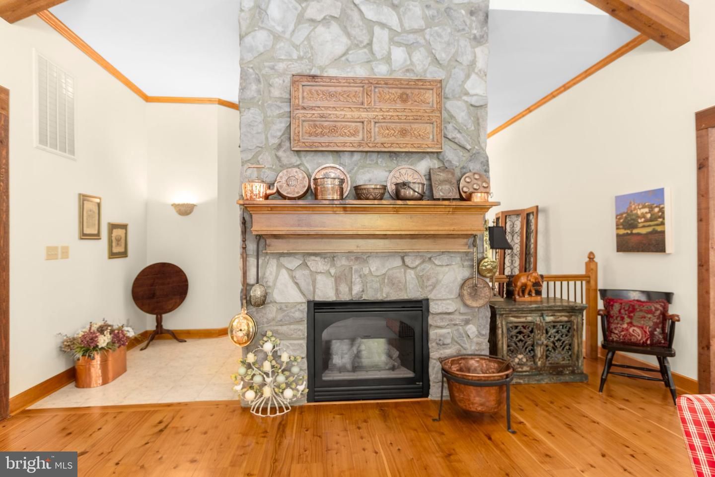 Fireplace, Interior, Stone Walls, Wooden Beams, Wood Texture Flooring