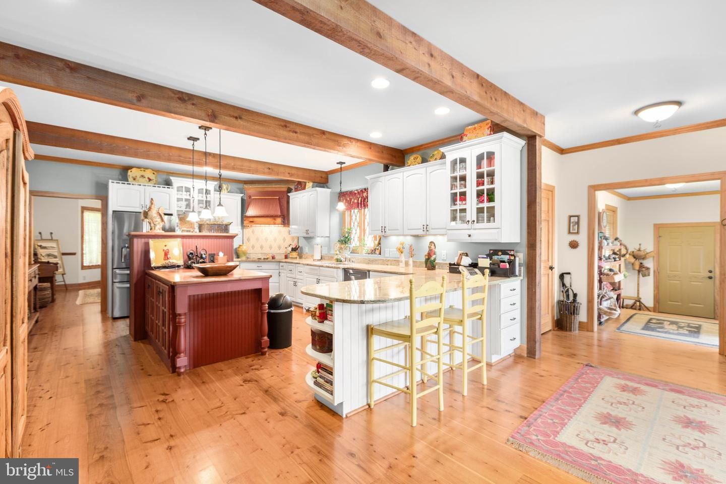 Interior, Kitchen, Pendant Lights, Recessed Lighting, Wooden Beams, Wood Texture Flooring