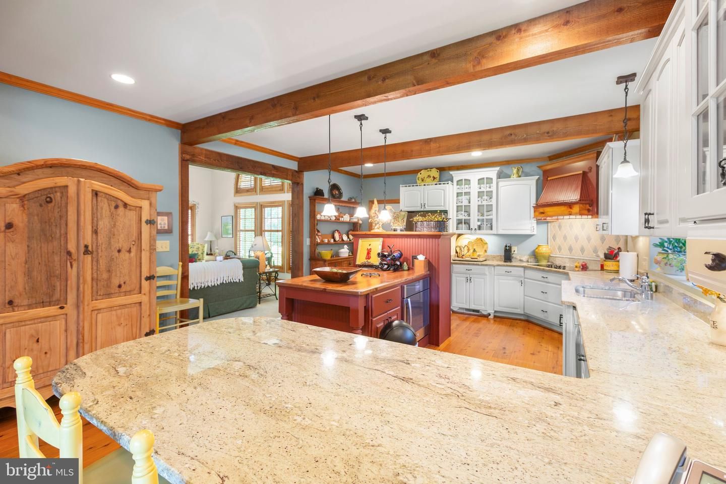 Interior, Kitchen, Pendant Lights, Recessed Lighting, Wooden Beams, Wood Texture Flooring