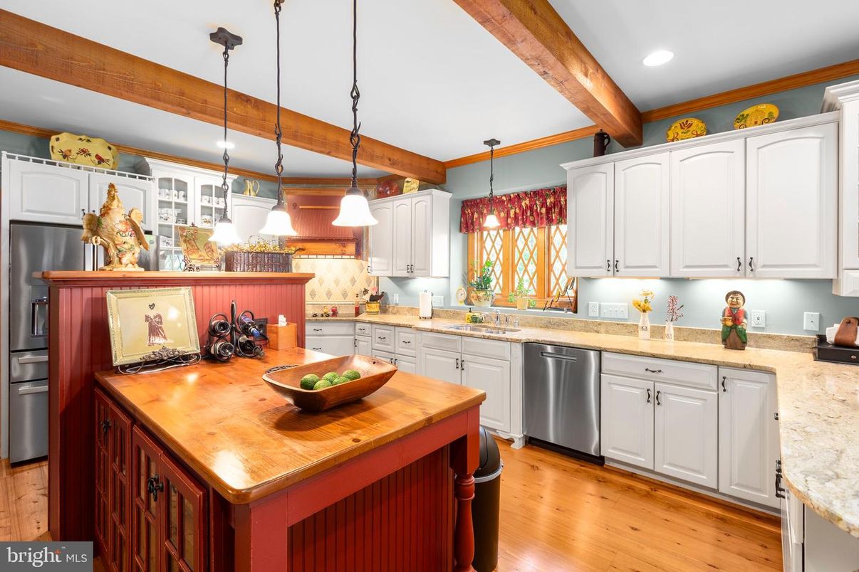 Interior, Kitchen, Pendant Lights, Recessed Lighting, Stainless Steel Appliances, Wooden Beams, Wood Texture Flooring