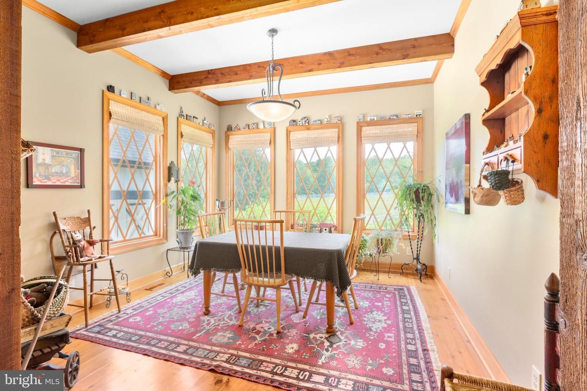 Dining room, Interior, Pendant Lights, Wooden Beams, Wood Texture Flooring