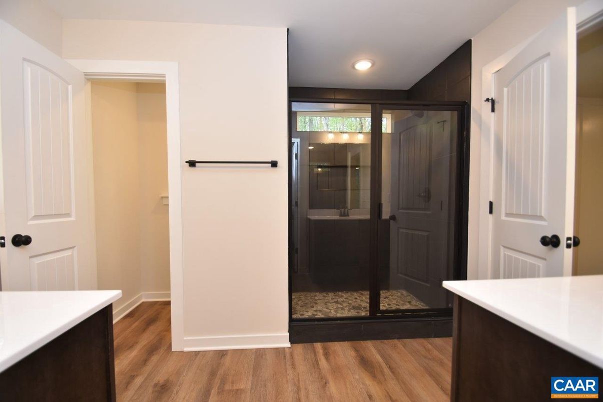 Bathroom, Glass Shower, Interior, Recessed Lighting, Wood Texture Flooring