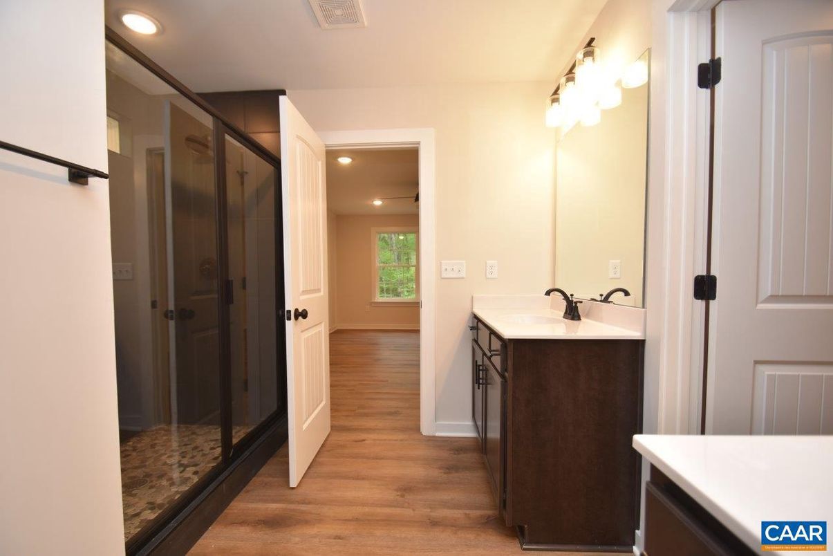 Bathroom, Glass Shower, Interior, Recessed Lighting, Wood Texture Flooring