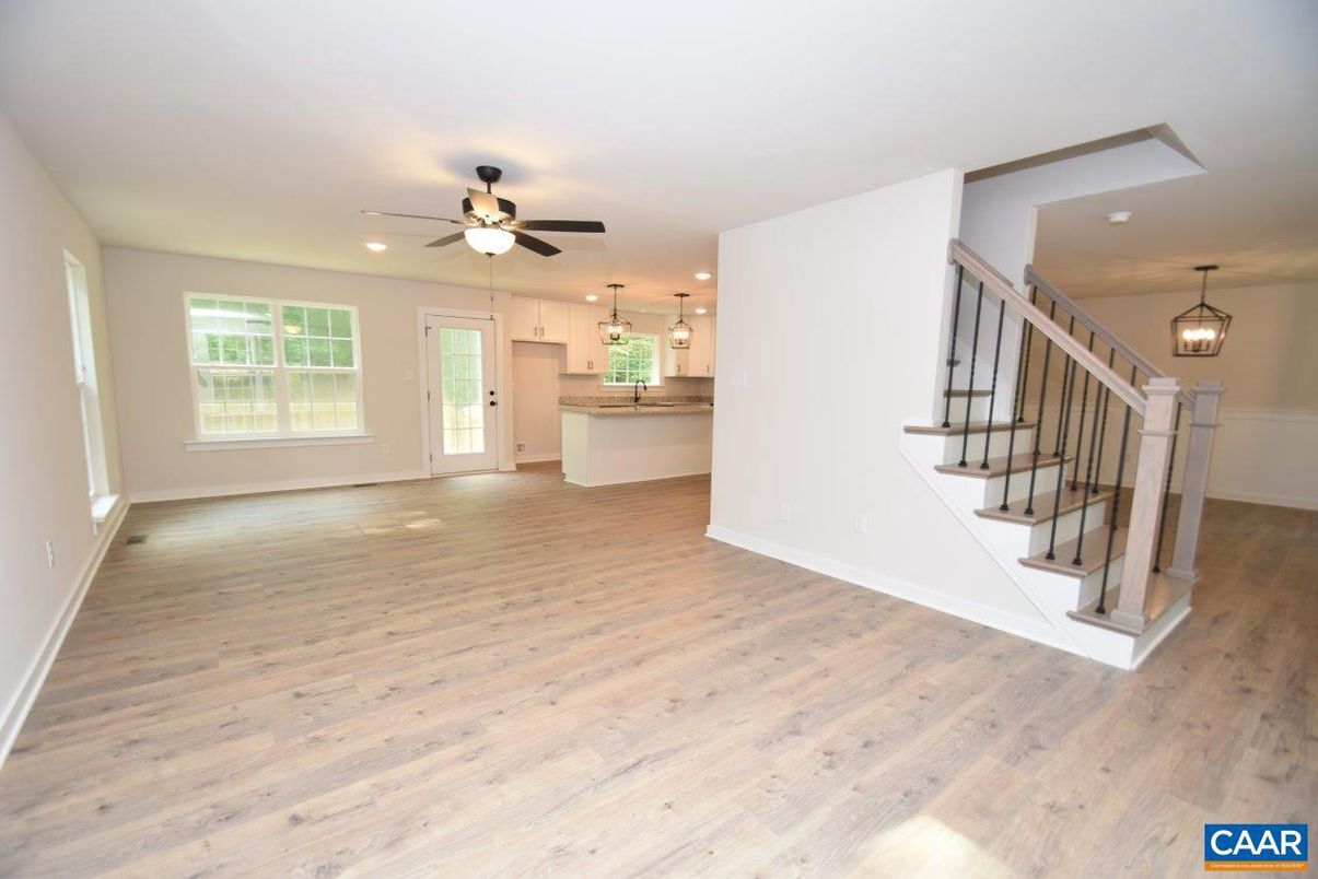 Empty room, Interior, Kitchen, Pendant Lights, Recessed Lighting, Wood Texture Flooring