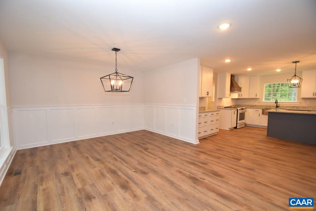 Empty room, Interior, Kitchen, Pendant Lights, Recessed Lighting, Wood Texture Flooring