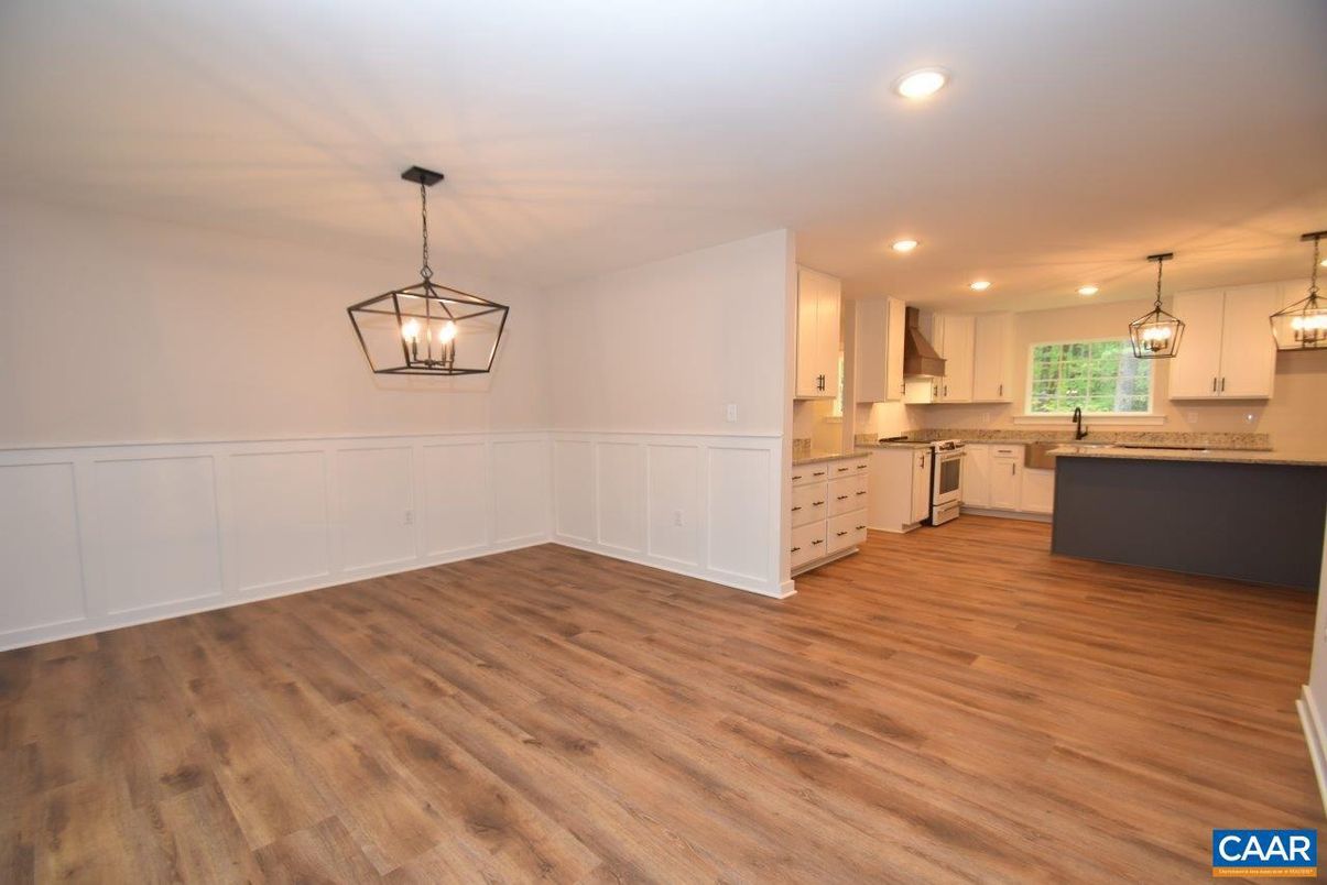 Empty room, Interior, Kitchen, Pendant Lights, Recessed Lighting, Wood Texture Flooring