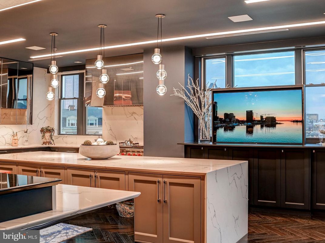 Interior, Kitchen, Marble Walls, Pendant Lights, Recessed Lighting, Water, Wood Texture Flooring