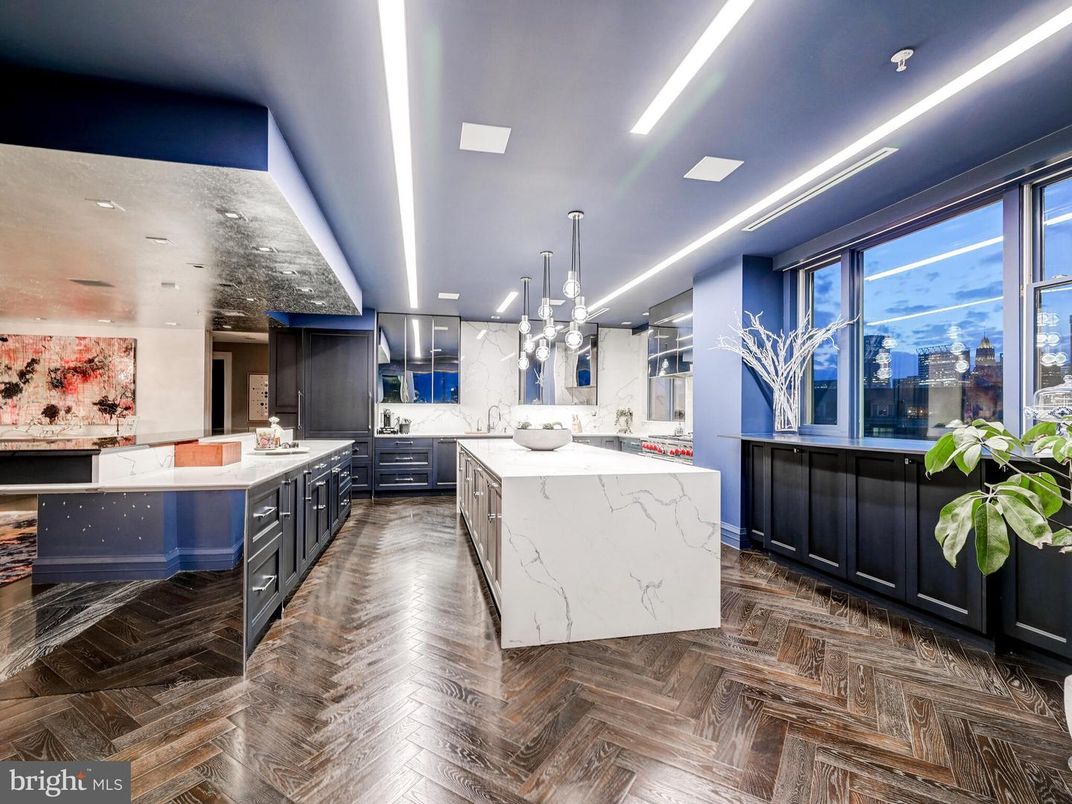 Interior, Kitchen, Marble Walls, Pendant Lights, Recessed Lighting, Wood Texture Flooring