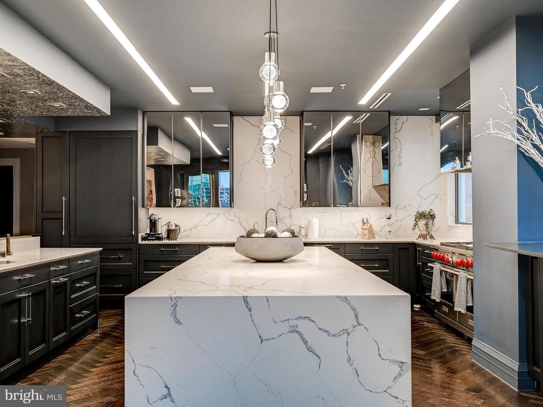 Interior, Kitchen, Marble Walls, Pendant Lights, Recessed Lighting, Wood Texture Flooring