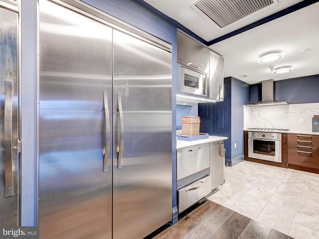 Interior, Kitchen, Marble Walls, Stainless Steel Appliances, Wood Texture Flooring