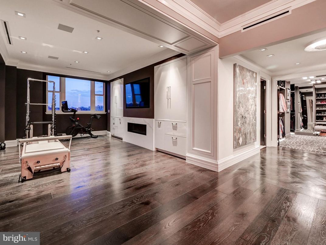 Fireplace, Fitness Equipment, Interior, Recessed Lighting, Wood Texture Flooring