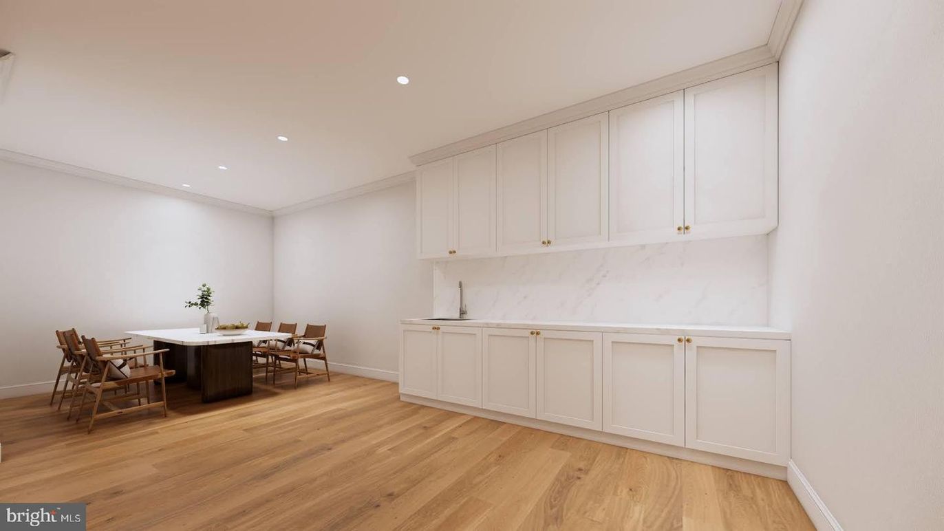 Dining room, Interior, Marble Walls, Recessed Lighting, Wood Texture Flooring
