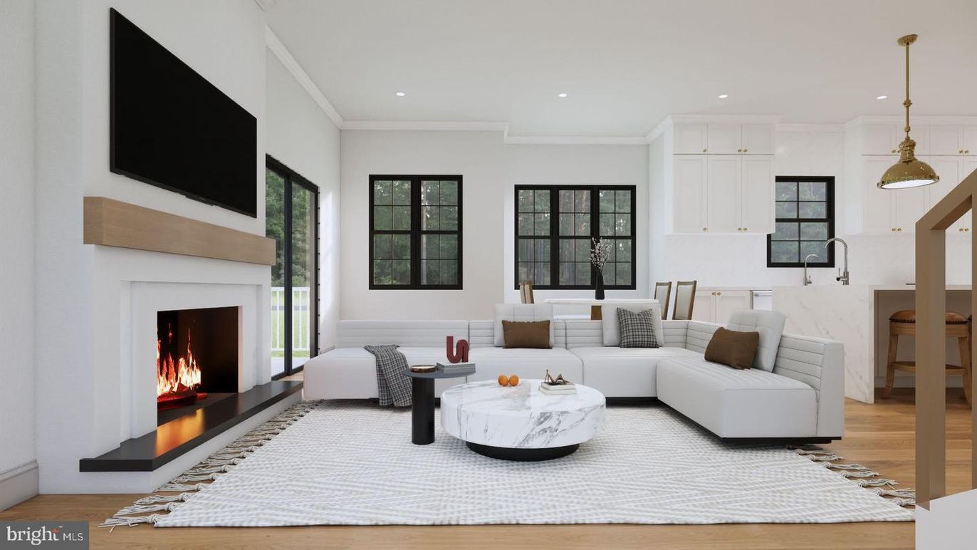 Fireplace, Interior, Living room, Pendant Lights, Recessed Lighting, Wood Texture Flooring