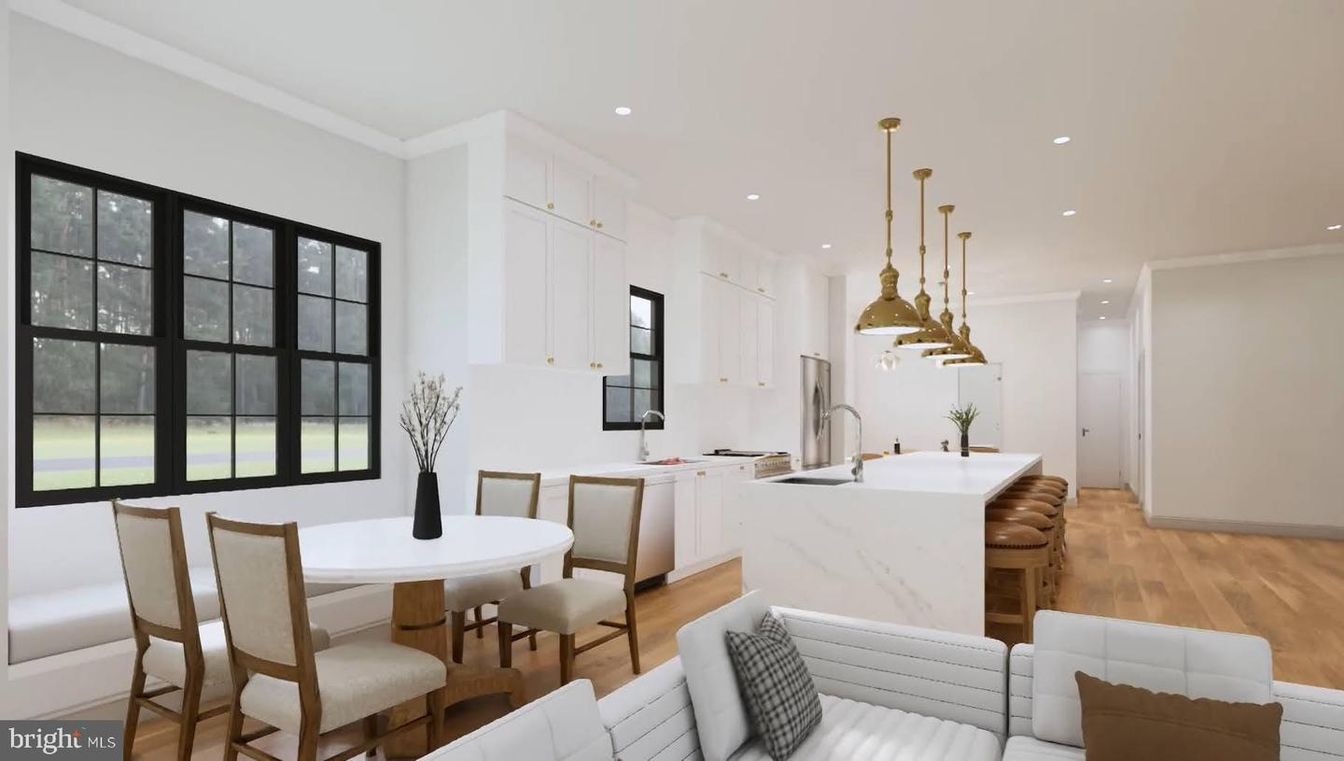 Dining room, Interior, Kitchen, Pendant Lights, Recessed Lighting, Wood Texture Flooring