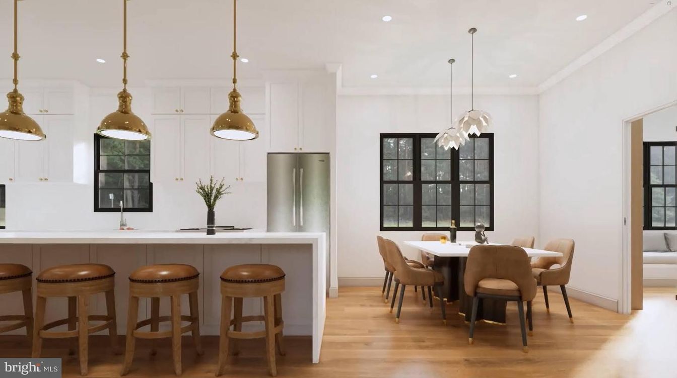 Dining room, Interior, Kitchen, Pendant Lights, Recessed Lighting, Stainless Steel Appliances, Wood Texture Flooring