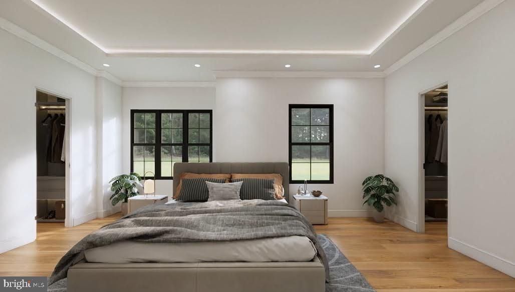 Bedroom, Interior, Recessed Lighting, Wood Texture Flooring
