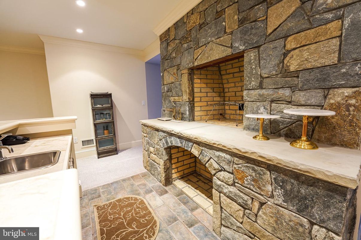 Fireplace, Interior, Recessed Lighting, Stone Walls