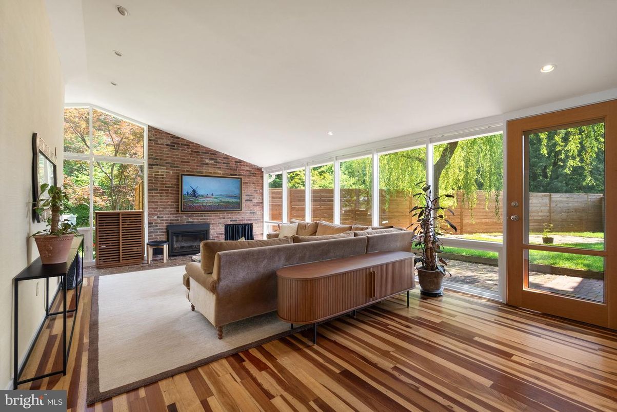 Fireplace, Interior, Living room, Recessed Lighting, Stone Walls, Wood Texture Flooring