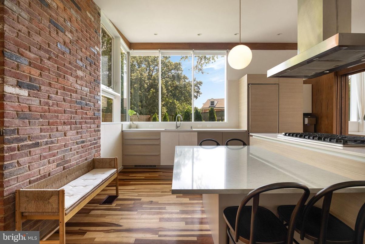 Interior, Kitchen, Pendant Lights, Recessed Lighting, Stone Walls, Wood Texture Flooring