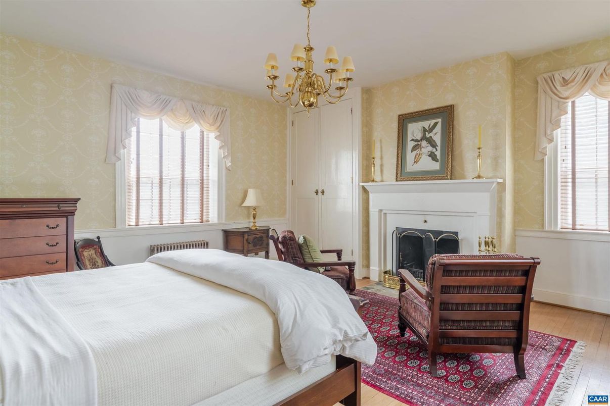 Bedroom, Chandelier, Fireplace, Interior, Wood Texture Flooring