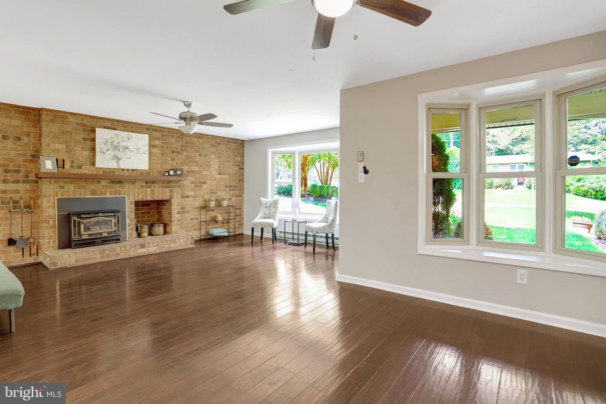 Empty room, Fireplace, Interior, Stone Walls, Wood Texture Flooring