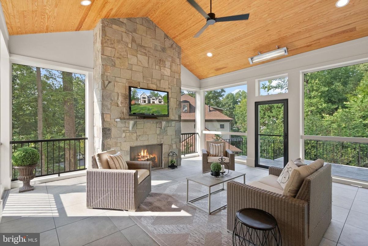 Fireplace, Interior, Living room, Recessed Lighting, Stone Walls, Wooden Ceilings