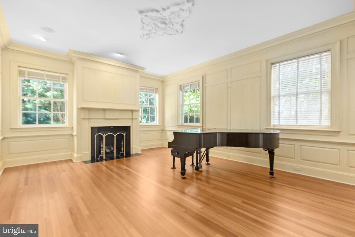 Fireplace, Interior, Piano, Recessed Lighting, Wood Texture Flooring