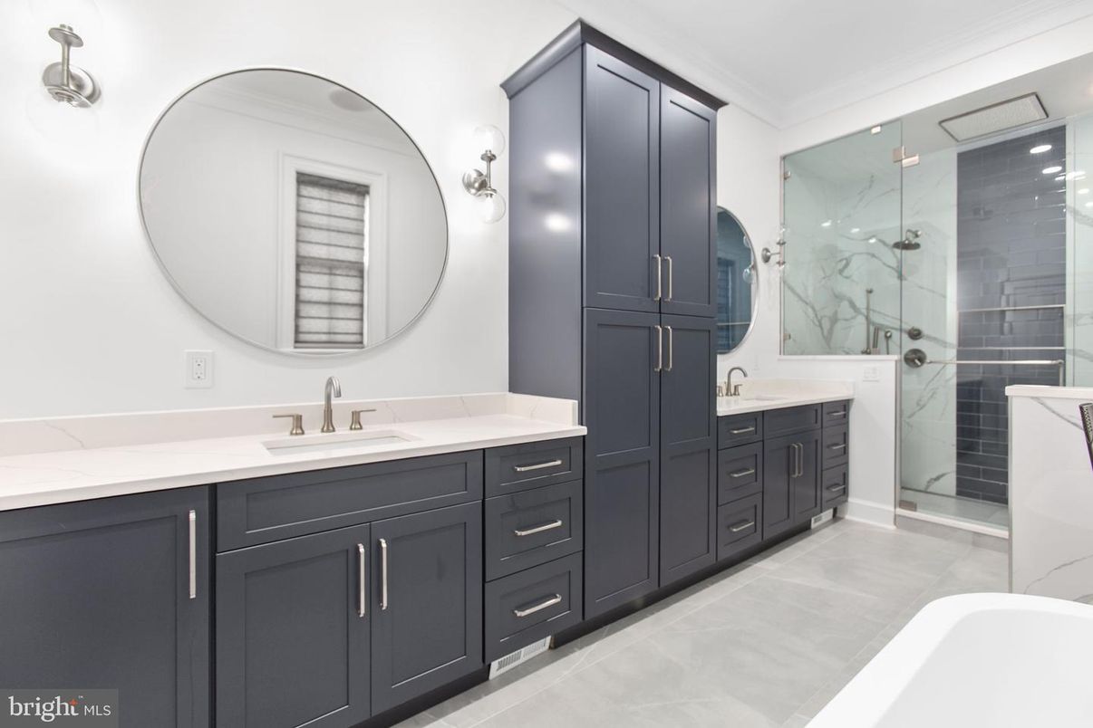 Bathroom, Dual Sink Vanities, Glass Shower, Interior, Marble Walls