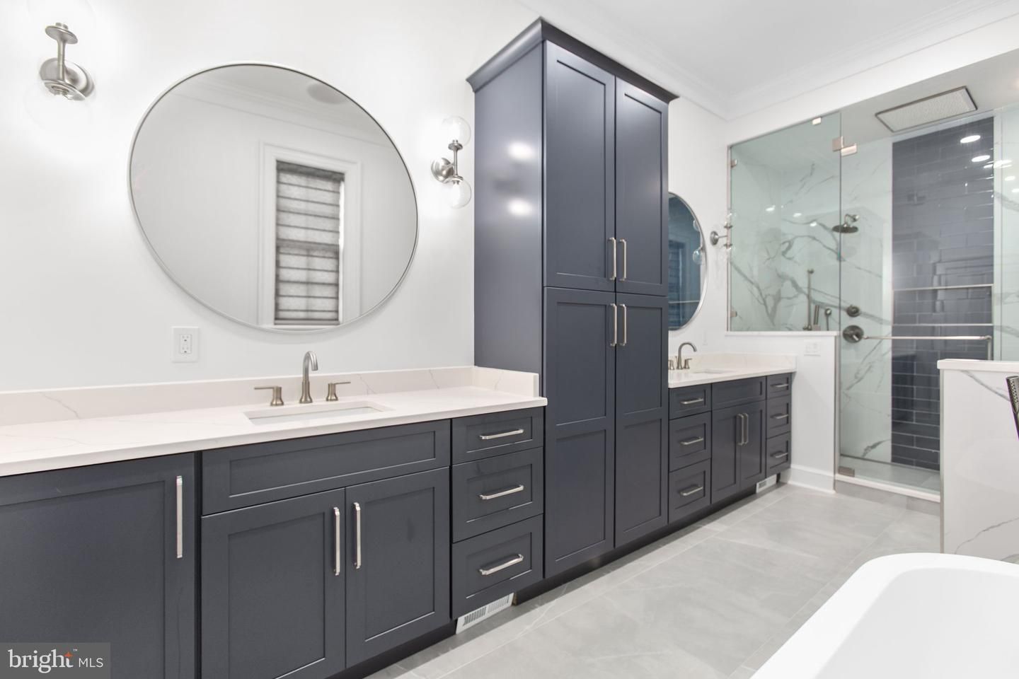 Bathroom, Dual Sink Vanities, Glass Shower, Interior, Marble Walls