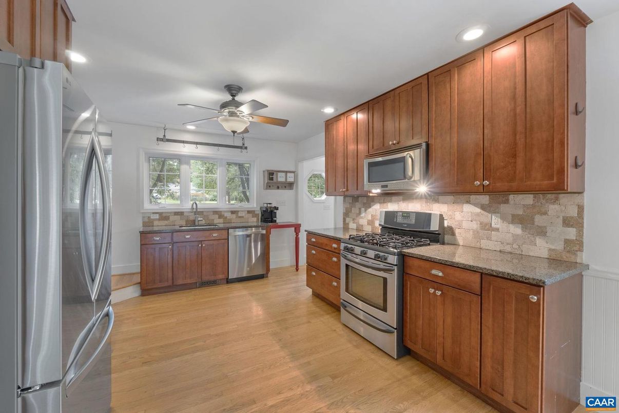 Interior, Kitchen, Recessed Lighting, Stainless Steel Appliances, Wood Texture Flooring