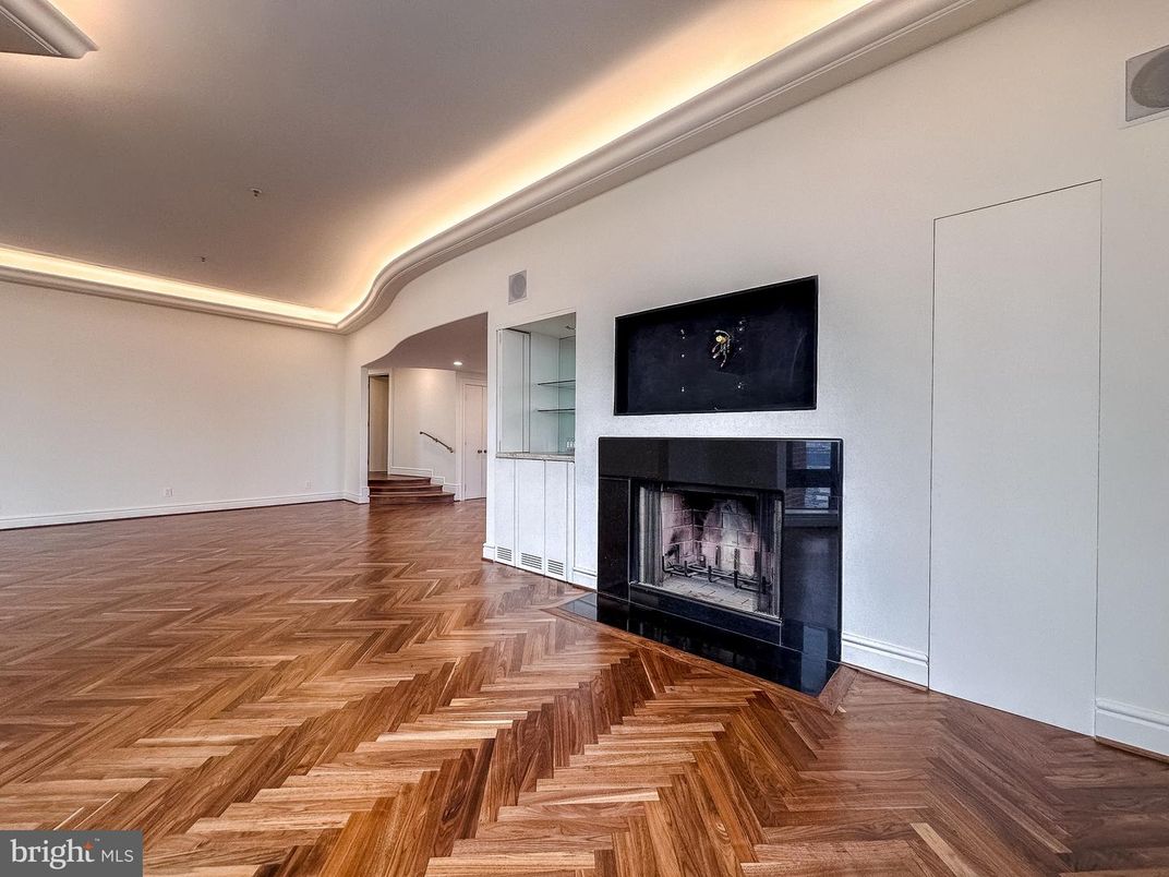 Empty room, Fireplace, Interior, Recessed Lighting, Wood Texture Flooring